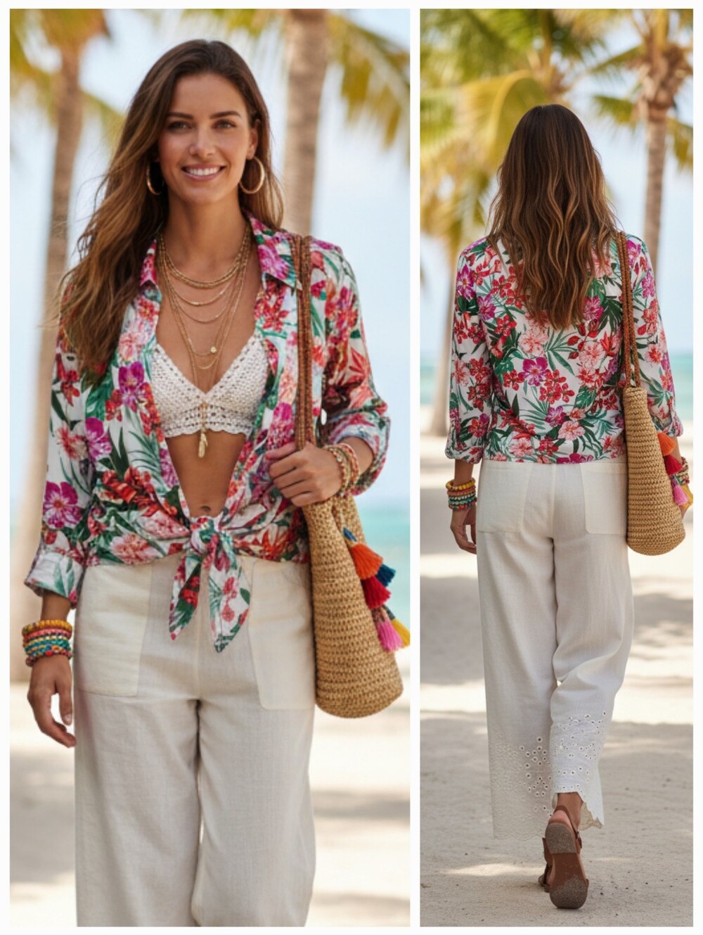 C by One S Tropical Floral Festival Resortwear Bohemian Oversized Satin Blouse